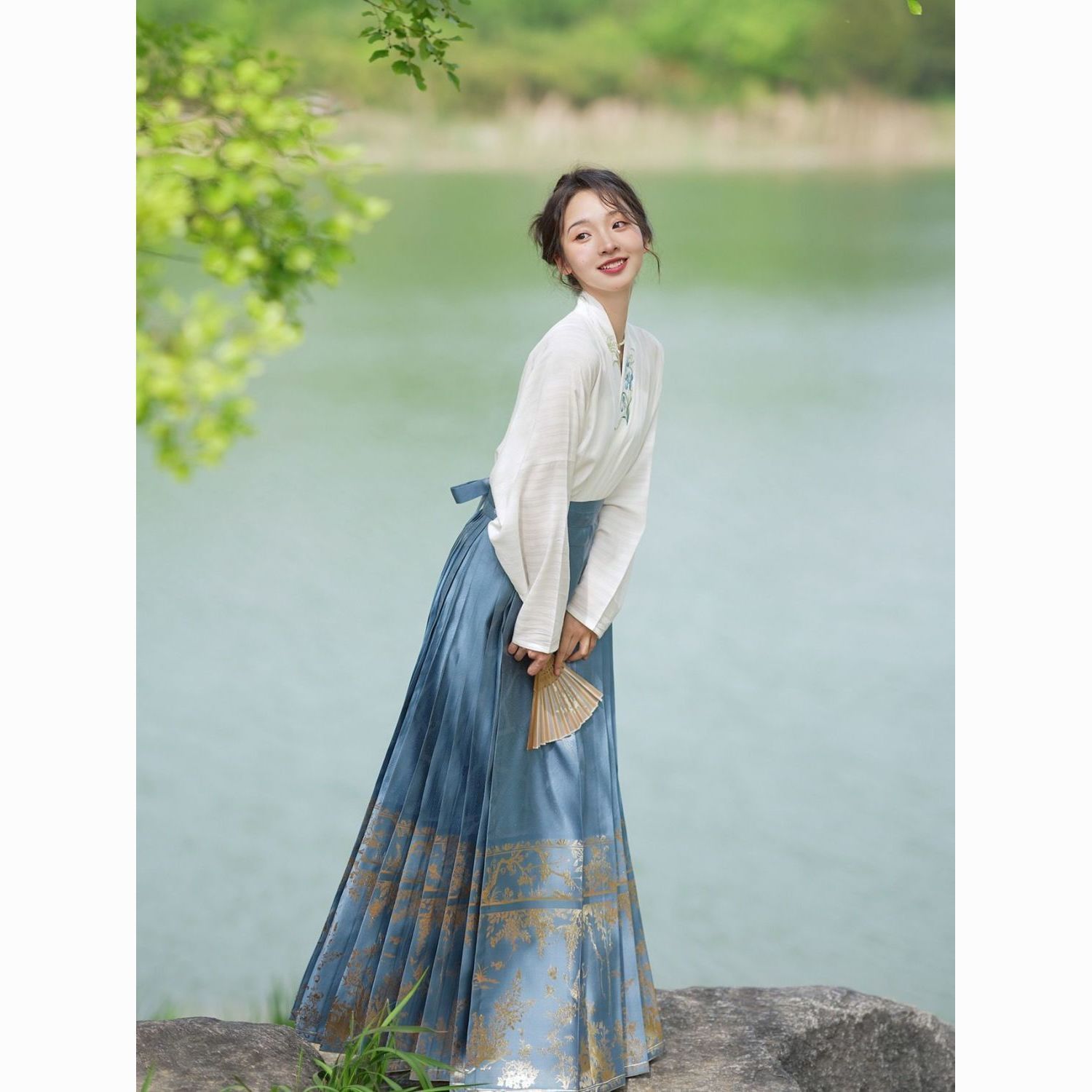 Летний ханфу для женщин новый простой принт юбка с лошадиной лицом полный комплект [Мань Тинфан] тонкое платье для коммутирования