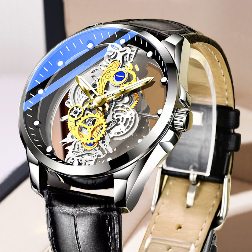 Cross-Border double-sided transparent hollow automatic mechanical watch men's watch men's waterproof luminous quartz watch TikTok New