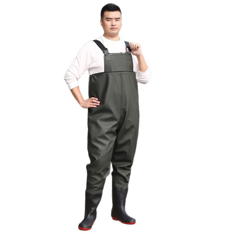 Thickened One-Piece Wading Pants for Aquaculture and Fishing, with Suspenders, Rain Boots, Fishing Pants, Durable and Wear-Resistant Half-Body Men's Wading Pants for Beachcombing