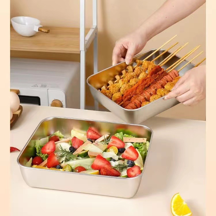 Square Plate Stainless Steel Thickened Dinner Plate Dish Preparation Plate Rectangular Barbecue Plate Lunch Box Dish Preparation Box Kitchen Household Towel Plate