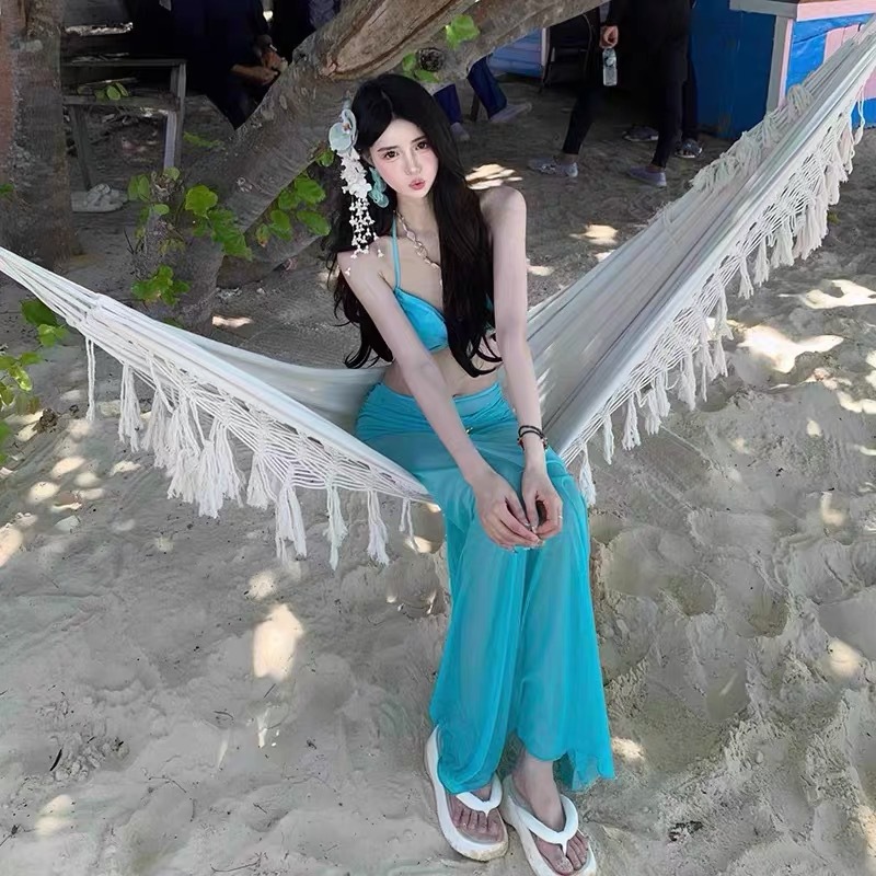 Lake Blue Mesh Long Skirt Bikini Sexy Split Swimsuit for Women with Small Breasts Push-Up Vacation Beach Fashion and Sexy