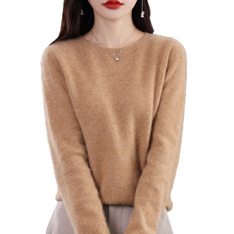 Wool Sweater Women's Pure Color Round Neck 24 New Long-Sleeved Seamless Knitted One-Line Ready-To-Wear Wool Sweater with Base Layer