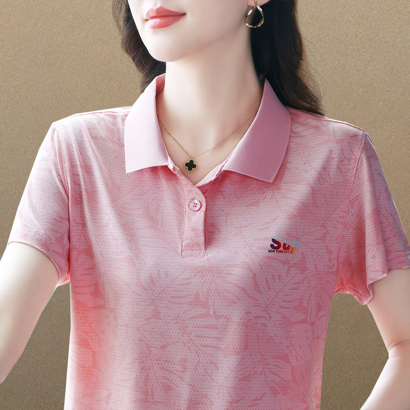 Short-Sleeved T-Shirt for Women Spring and Summer New Style Lapel Printed Polo Shirt Western Style Middle-Aged Mother Casual Fashion Sports Top