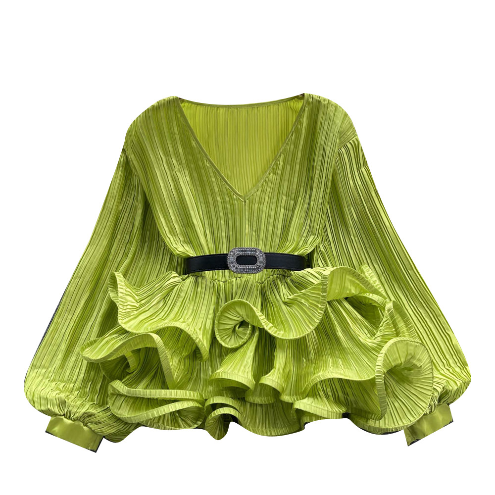 Socialite Satin Pleated Long-sleeved Elegant Loose Top Women's Ruffled Lantern Sleeve Niche Design V-neck Shirt