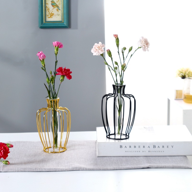 Creative metal plating metal glass hydroponic vase living room dining table wrought iron vase decorative home flower bottle