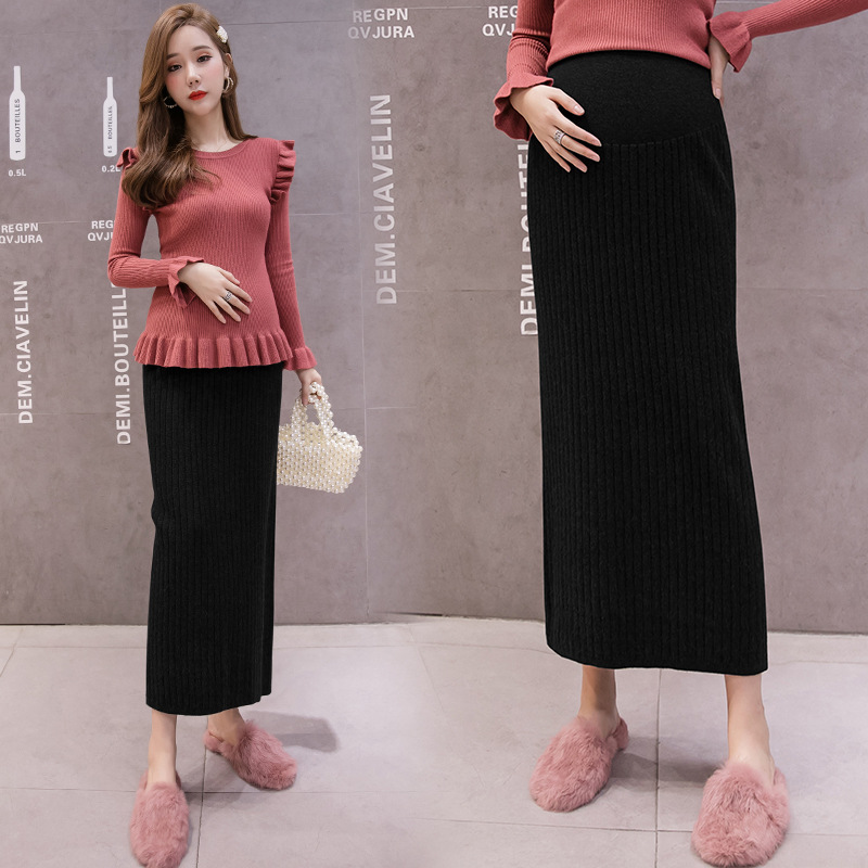Pregnant Women's Skirt Autumn and Winter Long Skirt Base Knitted Wool Skirt Winter Belly-supporting Long Overskirt Hip Skirt One-step Skirt