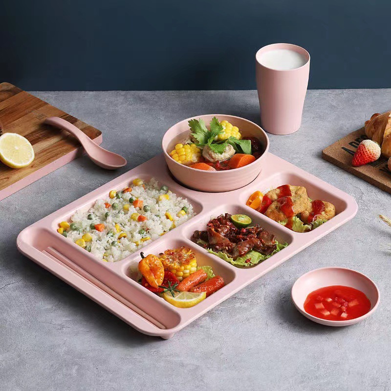 Creative Wheat Straw Dinner Plate Set for Home Adult Students Divided Fast Food Plate Thickeneded Canteen Rice Plate Bowl Cup and Saucer