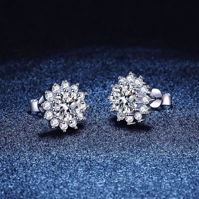Cross-border s925 sterling silver color Mosan diamond earrings women's high-end sense multi-claw full diamond sunflower earrings in stock wholesale