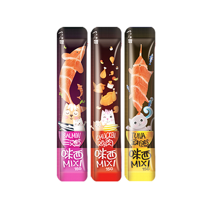 Mixi Pet Snacks Cat Food Chicken Cat Strips Wet Food Fresh Meat Cat Rice Pack 15g Tuna Salmon Wholesale
