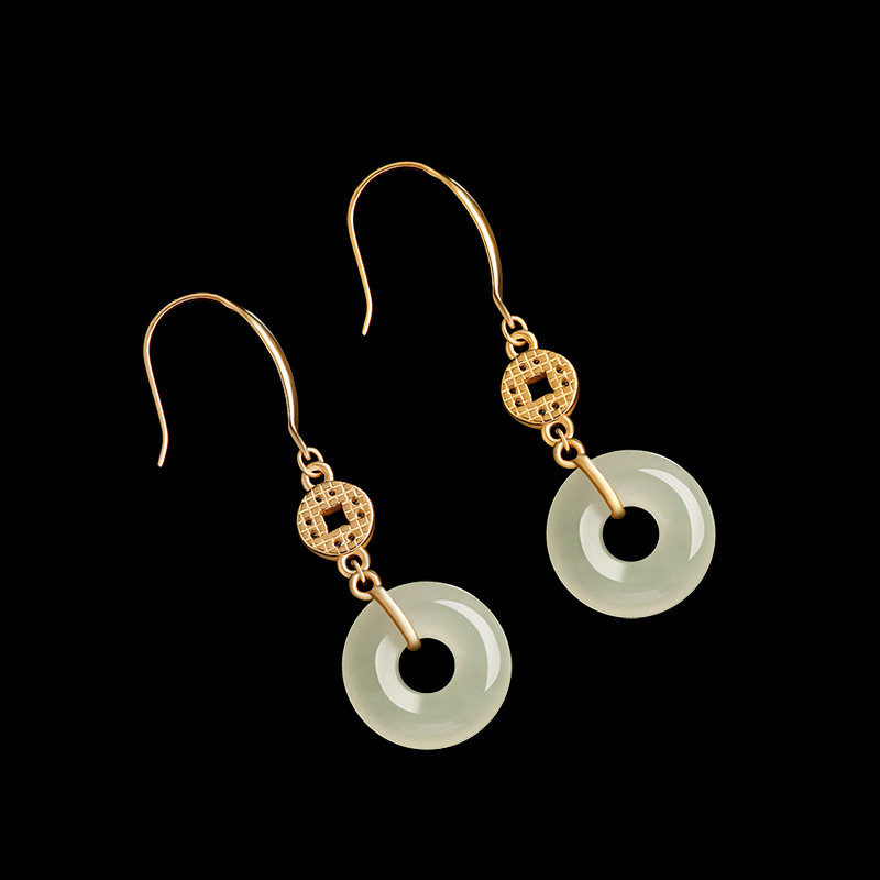genuine goods old material Hetian jade jade ring earrings S925 silver inset Chinese style temperament women's personality earrings women's wholesale