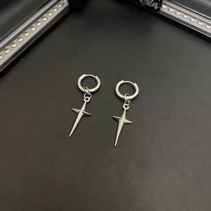 Four-Pointed Star Hoop Earrings, Cool Style, Niche Design, Fashionable and Versatile Cross Earrings, High-End Daily Hip-Hop