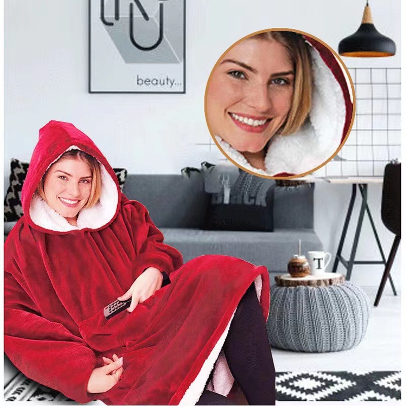 TV flannel pajamas lazy blanket TV blanket outdoor cold-proof hooded home wear solid color long sleeve thickened couple