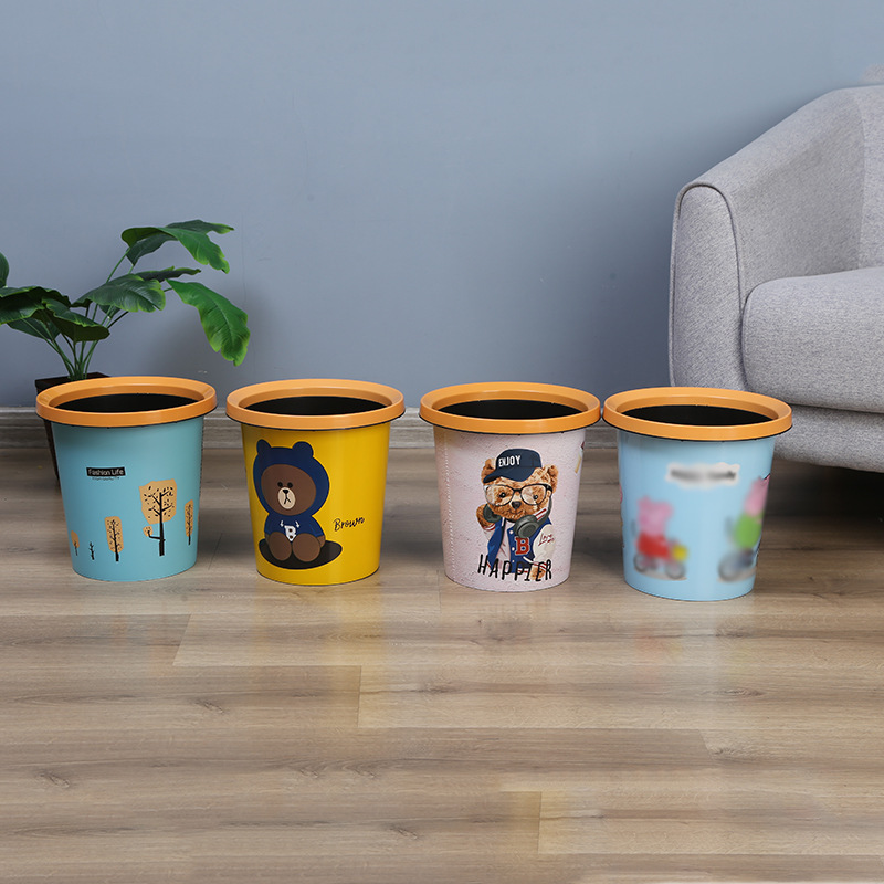 Factory wholesale kitchen trash can household cartoon pressure ring uncovered plastic bucket living room bathroom five yuan shop paper basket