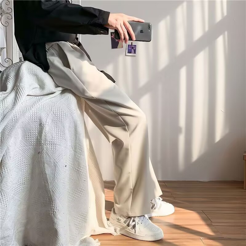 Spring and Summer simple straight casual pants draping mop suit pants men's loose Korean style drop-down suit pants wide leg casual pants