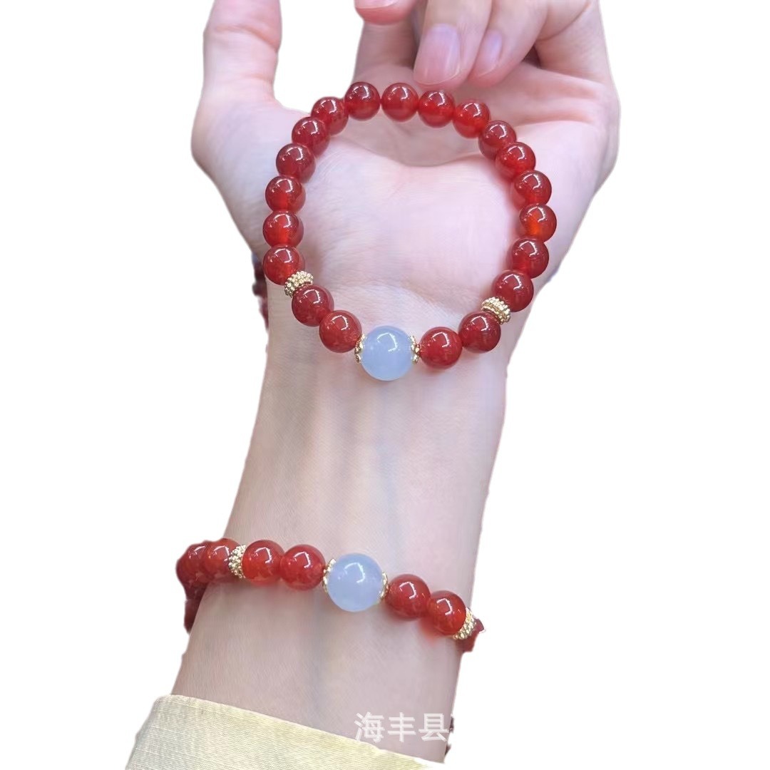Natural Red Agate Bracelet Southern Red Bracelet with Aquamarus Female Niche Summer Fashion Birthday Gift Same Style