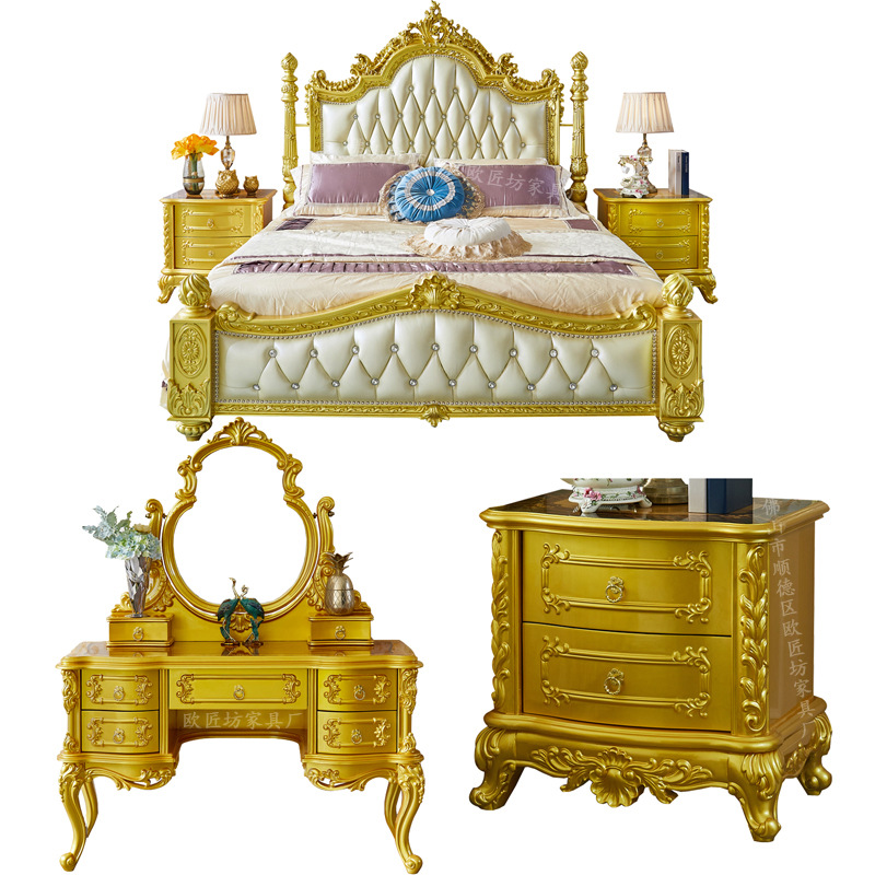 European Leather Double Bed Hand-Carved French Style 1.8m Double Bed Master Bedroom Solid Wood Leather King Bed 2m Wedding Bed