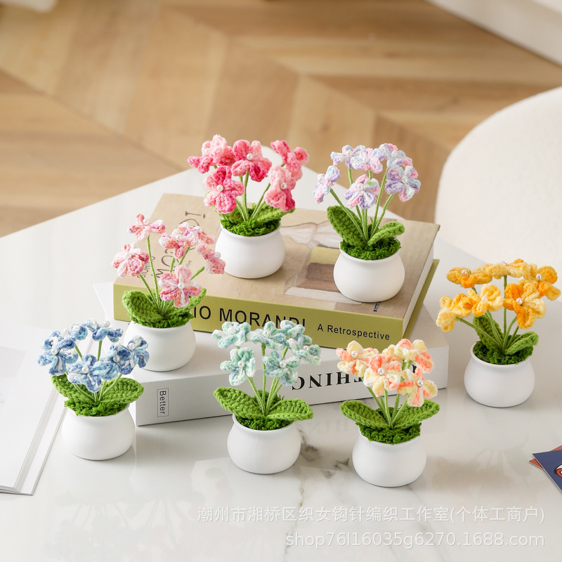 Cross-border finished wool potted forget-me-not puff tree hand-woven small potted plant office ornaments car ornaments gift