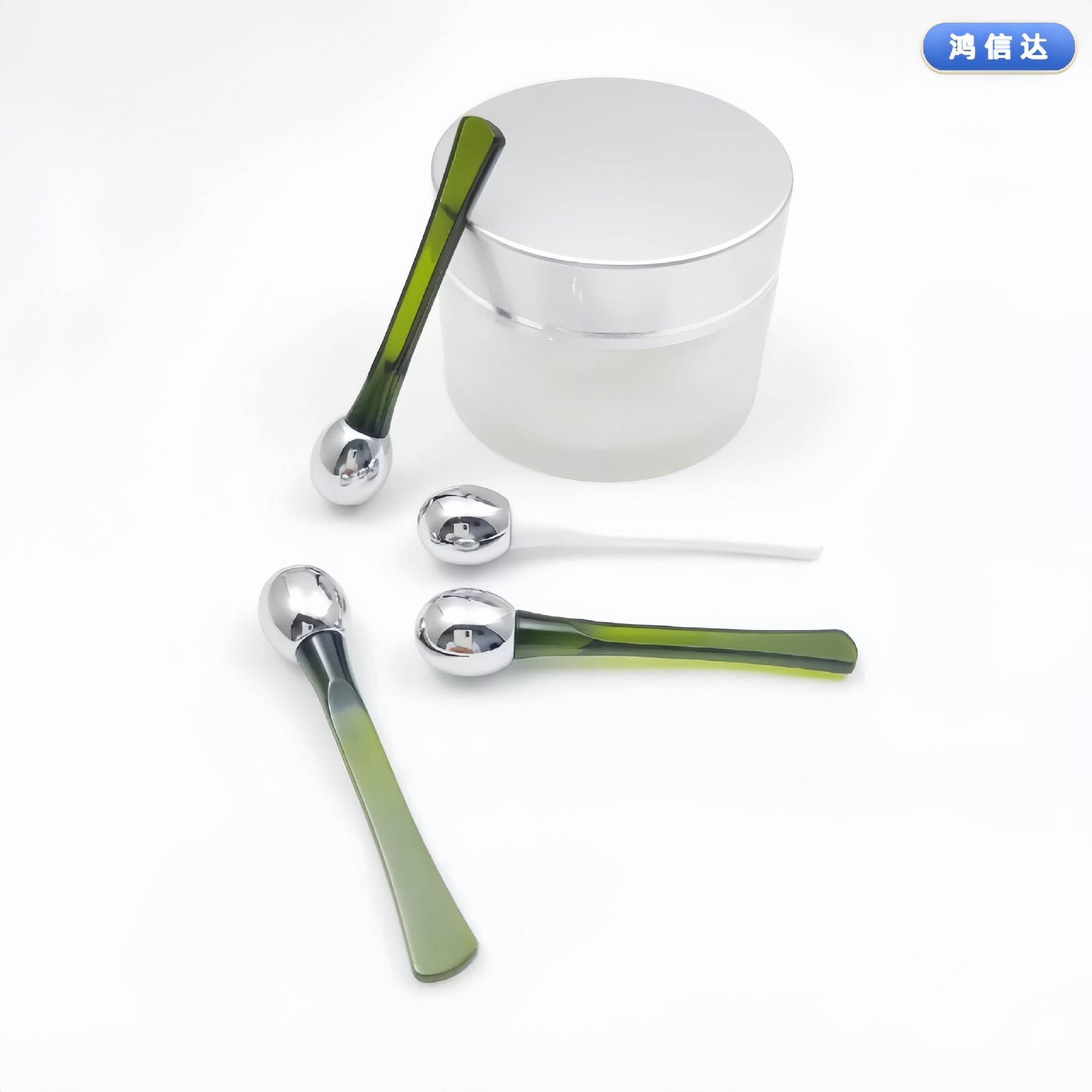 in stock metal round bead eye cream stick eye massage beauty cream applicator stick plastic dark green cream import spoon