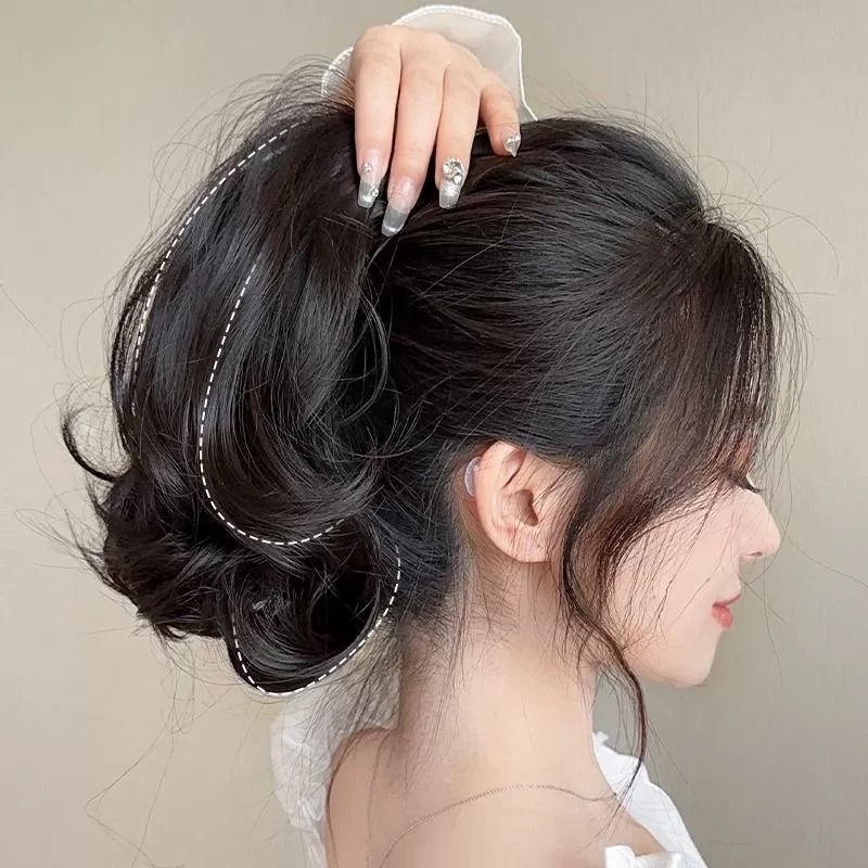 Wig women's short ponytail summer clip big wave mid-length short fake ponytail pear flower curly hair braid natural simulation