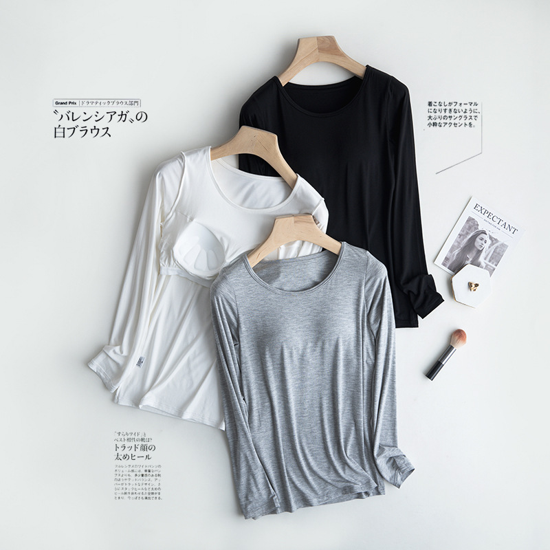 Modal loose plus size long-sleeved T-shirt with chest pad women's bra-free Cup integrated yoga base factory wholesale