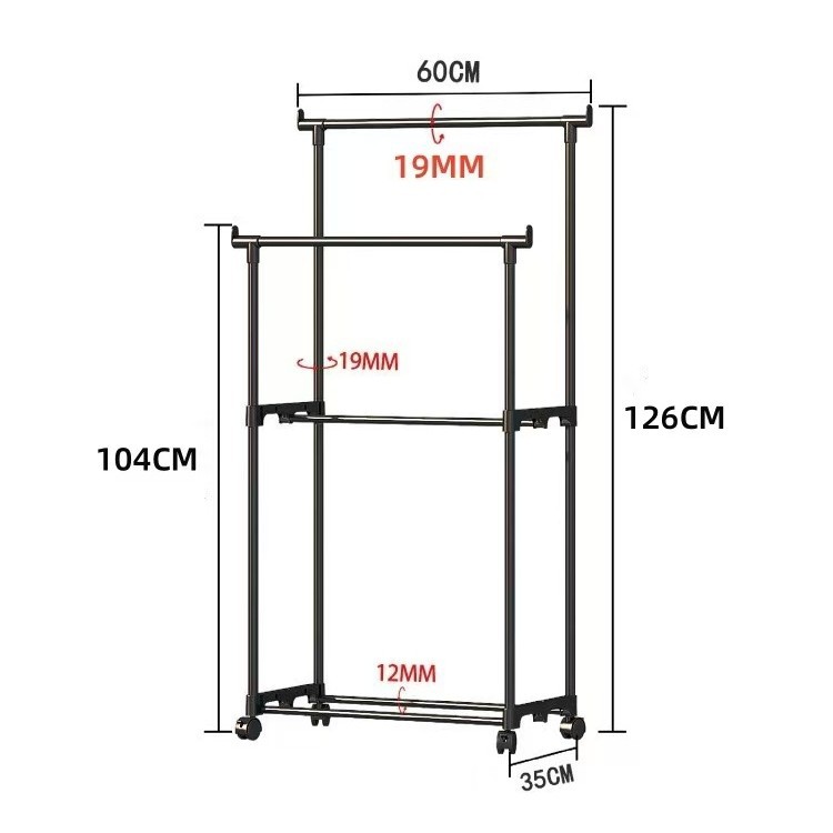 Simple Floor Bedroom Clothes Rack Shoes and Hats Integrated Rack Single and Double Rod Wheeled Clothes Rack Multi-Layer Storage Coat Rack