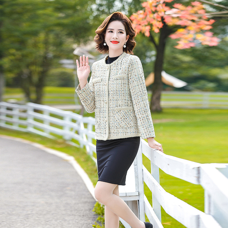 Qiao Yaying 40-50 Years Old Middle-aged Women's Short Top Plaid Chanel Style plus size Mother's Long Sleeve Jacket