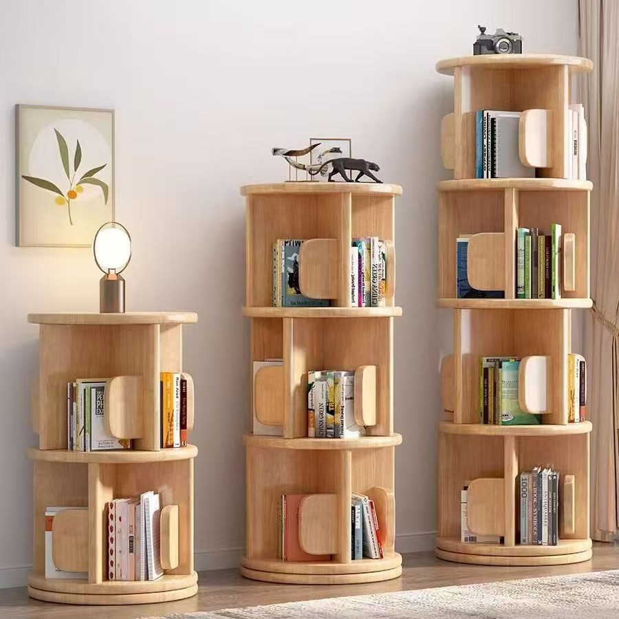 Solid Wood Bookshelf Floor-Standing Storage Rack 360-Degree Rotating Picture Book Rack Living Room Storage Cabinet Wall Cabinet Kidsren's Bookcase