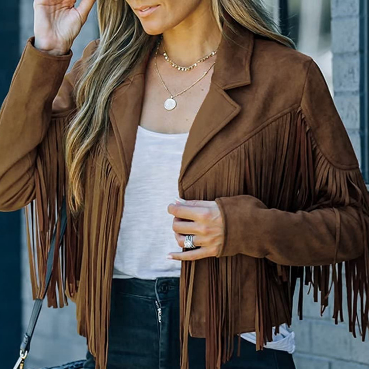 Cross-Border Autumn New Tassel Suede Jacket for Women European and American Solid Color Lapel Short Slim Autumn and Winter Jacket for Women