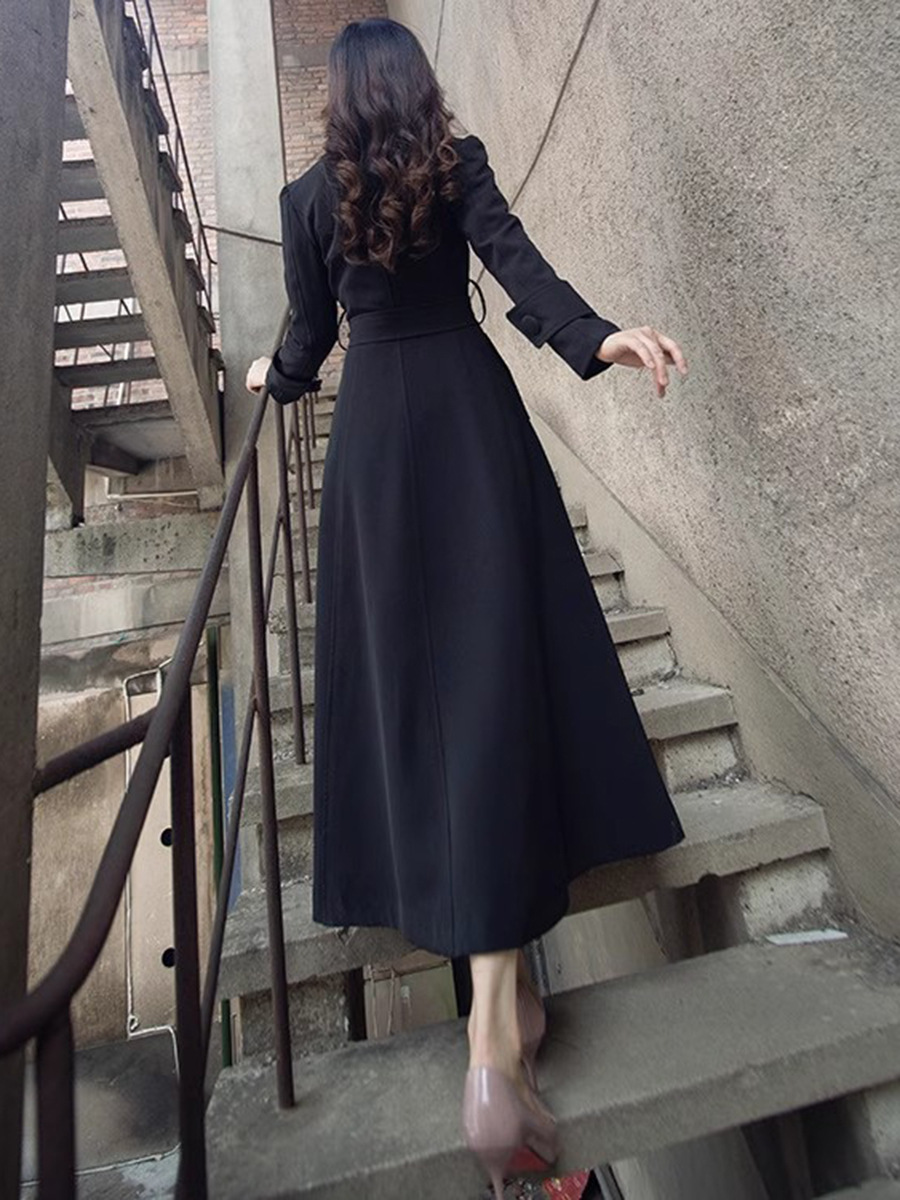 2025 Spring and Autumn Over-The-Knee Trench Coat Slim Fit Elegant Extra-Long Lace-Up Lapel Trench Coat Jacket Plus Size Slimming Waist