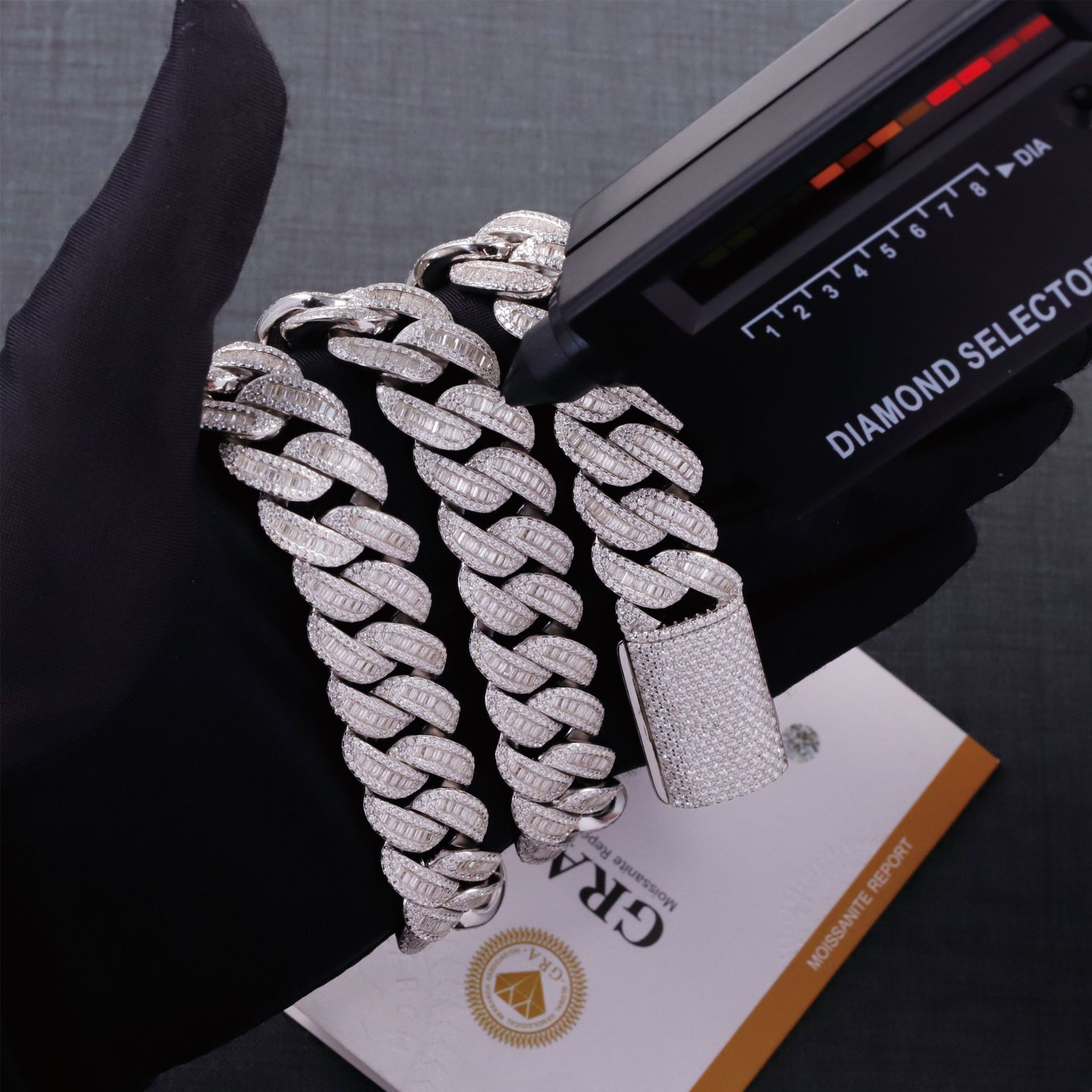 Hip-hop style S925 silver set ladder square Mosan diamond crescent-shaped Cuban chain necklace European and American trend fashion necklace