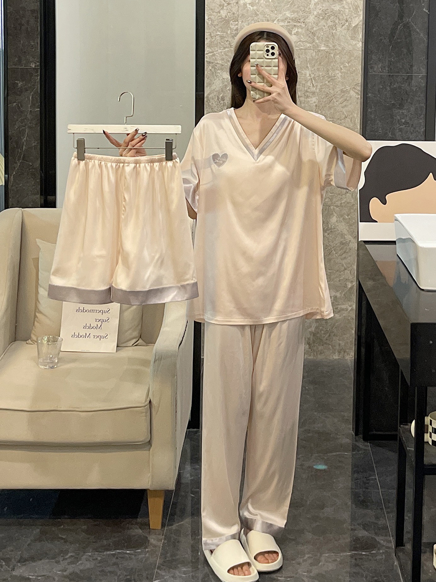 Летний комплект из трех предметов, шелковая пижама для женщин, большой размер