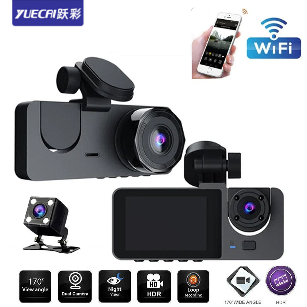 Видеорегистратор с тремя камерами, 3 линзы, HD, ночное видение 1080, с изображением для заднего вида