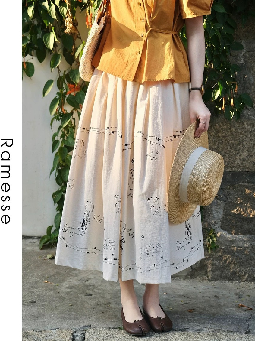 Юбка Ramesse | Tess, абрикосовая, ретро, ручная роспись, граффити, свободная, юбка-абажур