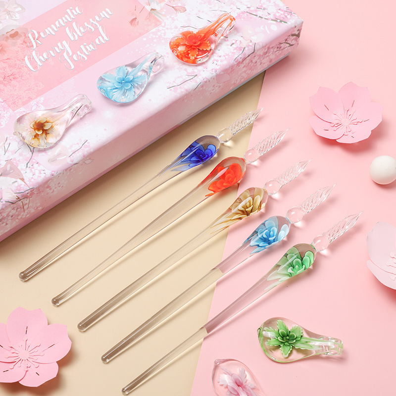 Glass Pen Dipped in Water Pen Cherry Blossom Color Ink Signature Pen Student Internet Celebrity Gift Stationery Pen Dipped in Ink Gift Box Set