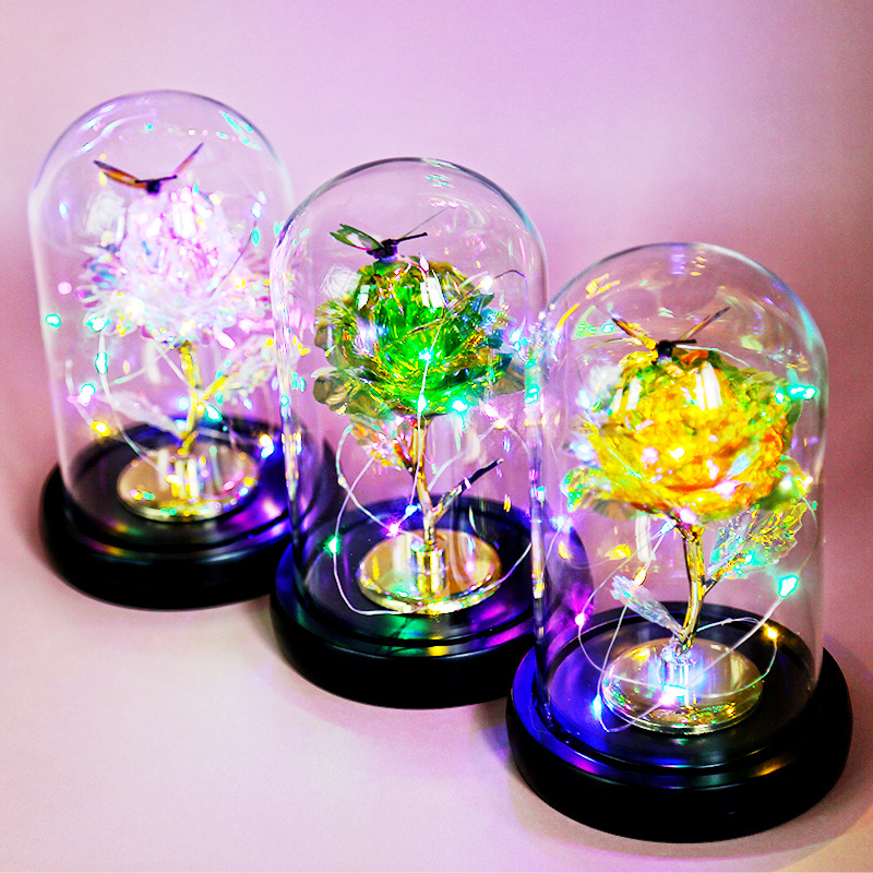 Preserved Flower in Glass Dome with Gold Foil Rose, Led Light, Creative Handmade DIY Ornament, Qixi Valentine's Day Gift, Cross-Border
