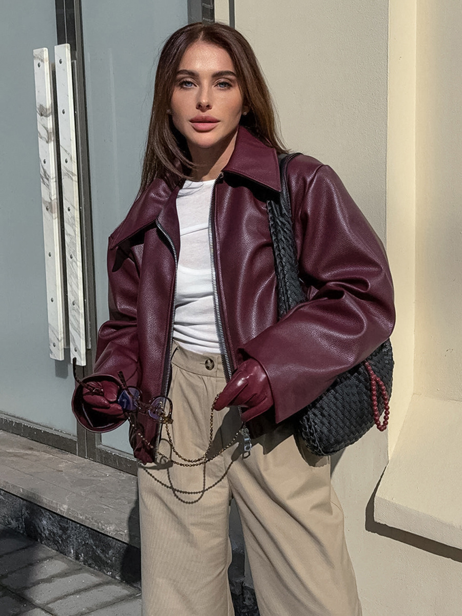 Retro Motorcycle Style Burgundy Leather Jacket for Women 2025 Autum European and American Fashionable Matte Leather Jacket Cross-Border Women's Clothing