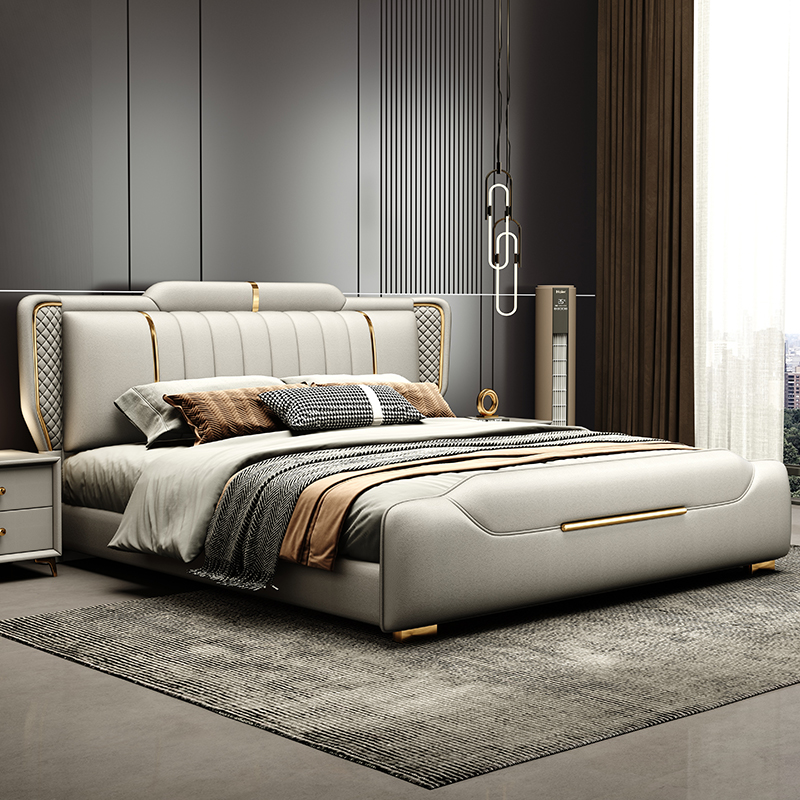 Кровать современная, повседневная, кожаная, 2025 новый стиль, 1.8м, двуспальная, легкая роскошь, для главной спальни, высококачественная