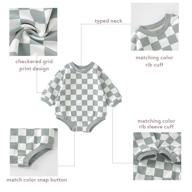 Foreign Trade Children's Sweatshirt Ins Crawling Suit Checkerboard Pattern Baby Jumpsuit Organic Cotton Baby Onesie