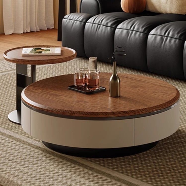Medieval Style Walnut Color Round Solid Wood Multi-Layer Board Coffee Table Modern Simple Light Luxury Living Room Home New Style