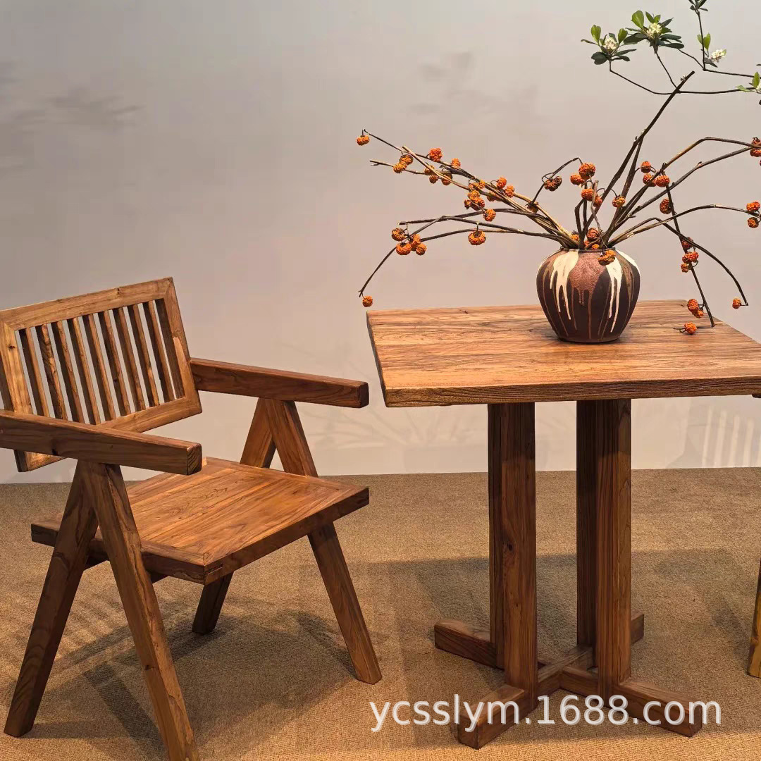 Wabi-Sabi Style Vintage Dining Table Square Table Old Elm Commercial Outdoor Table and Chairs Coffee Shop Folk Tavern Booth Table and Chairs