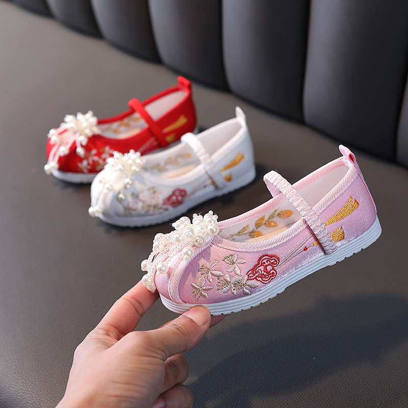 Этнические тканевые туфли для детей, вышитые туфли для девочек, антикварные туфли ханфу с жемчугом