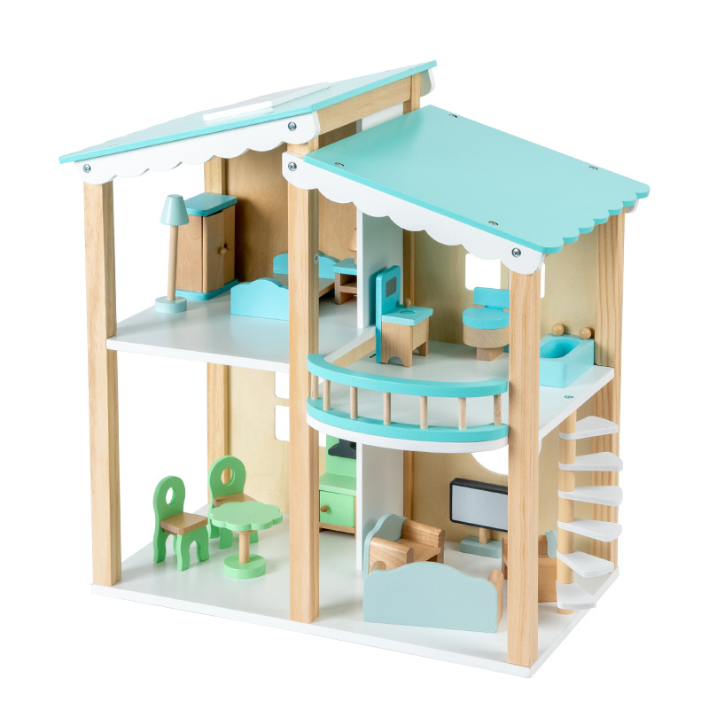 New Wooden Children's House Villa Blue Doll Room Baby Simulation Room Furniture Parent-Child Interactive Toys