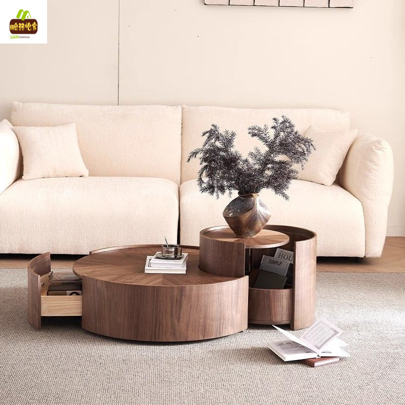 New Chinese Style Round Walnut Color Designer Creative Light Luxury Living Room Home High-End Wabi-Sabi Style Coffee Table Combination
