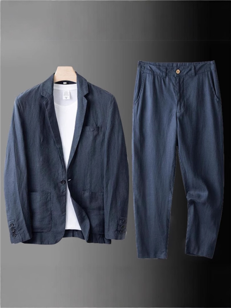 Men's Summer Korean-style Linen Suit suit Slim-fit Thin Cotton and Linen Casual Loose Jacket Anti-screen Two-piece Set for Men