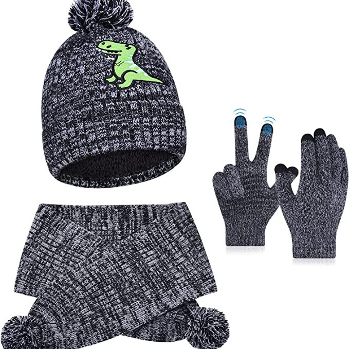 Cross-border children's warm knitted hat scarf gloves snowflake three-piece cartoon car pattern hat suit winter