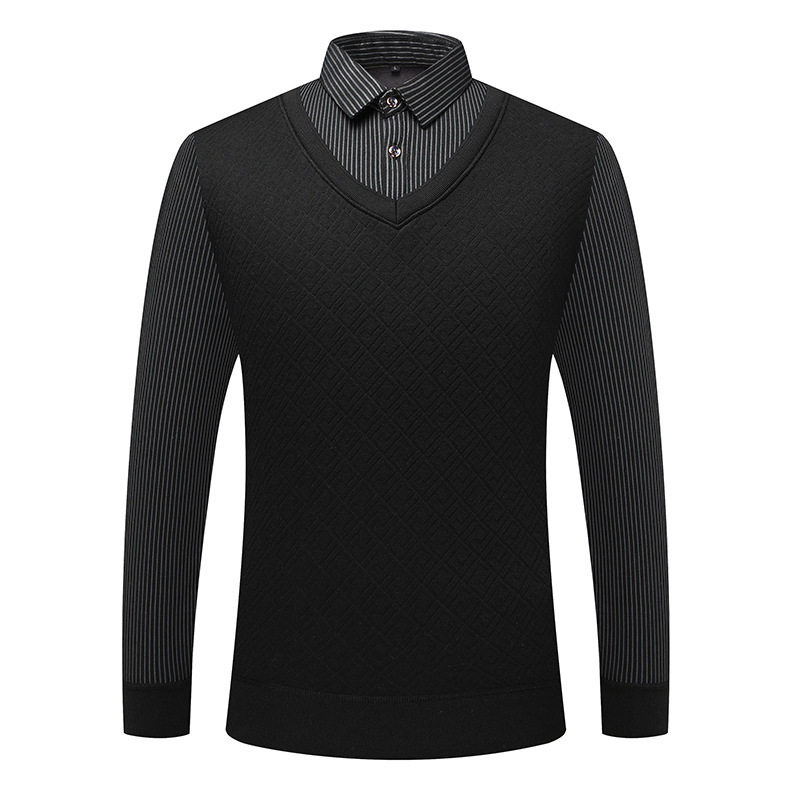 New Thickened Warm Fake Two-piece Men's Long-sleeved Autumn and Winter Striped Stitching Casual Fake Collar Inner Knit Sweater