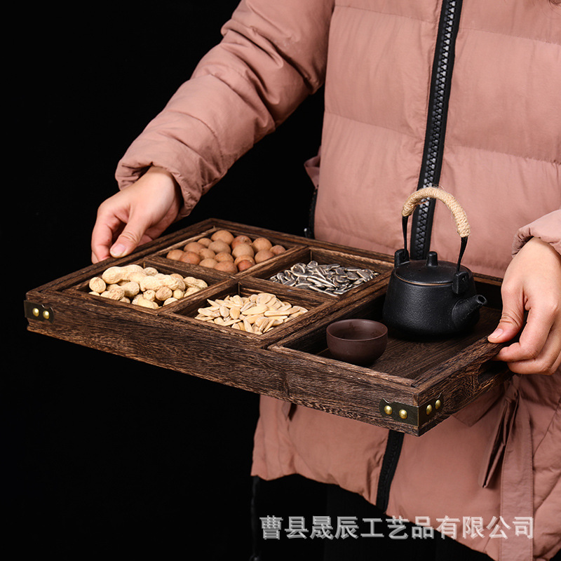 Solid Wood Tray for Making Tea Around the Stove, Burning Paulownia Wood Seven-Piece Set, Retro Color Tea Set, Packaging Tray, Zen Tea Ceremony Tea Tray