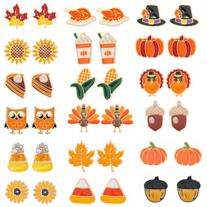 Amazon Autumn Thanksgiving Earrings Maple Leaf Turkey Pumpkin Sunflower Earrings New Alloy Oil Drop Earrings for Women