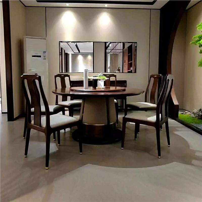 Designer New Chinese Style Ebony Solid Wood Dining Table and Chairs for Large Households to Eat Round Table Modern Villa