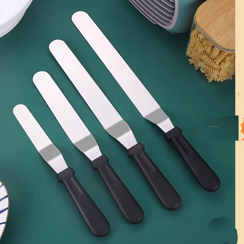 In stock special sale 0.7 thick 6 8 10 12 inch stainless steel plastic handle curved kiss spatula cake cream spatula